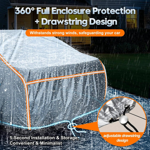 All Weather Waterproof Car Cover With Six Layer Protection in rain with drawstring detail, 186-208 inch fit for sedans.
