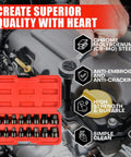 Low Profile 16 Piece Impact Hex Driver Set SAE And Metric Quarter Inch To Three Quarter Inch 6mm To 19mm Cr-Mo Steel Hex Bit Socket Set In Heavy Duty Storage Case For Pro DIY Enthusiasts shown in open case with engine background.