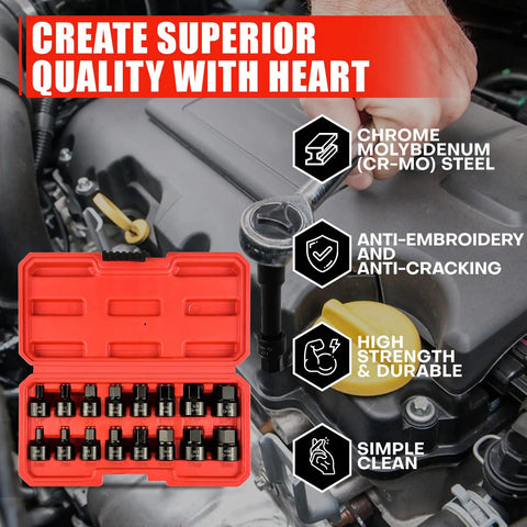 Low Profile 16 Piece Impact Hex Driver Set SAE And Metric Quarter Inch To Three Quarter Inch 6mm To 19mm Cr-Mo Steel Hex Bit Socket Set In Heavy Duty Storage Case For Pro DIY Enthusiasts shown in open case with engine background.
