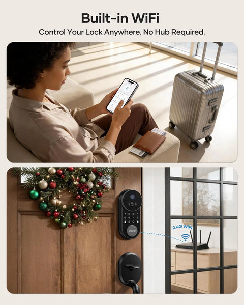 Seamless Front Door Smart Lock With Fingerprint Entry And Apple Home Key Compatibility. Enjoy No Sweat Wifi App Control For iPhone And Android Users. Rock Solid Home Security That Slips Right Over Your Existing Deadbolt Setup.