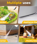 Collage showing Diatomaceous Earth Duster With Adjustable 4 Foot Rod And Air Pump being used in garden, appliance gap, corner, poultry coop.