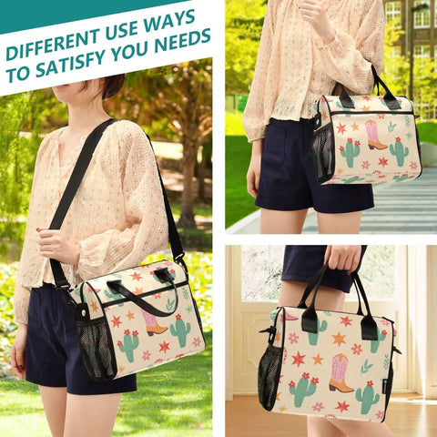 Western Cowboy Desert Star Insulated Lunch Bag, Leakproof Cooler Tote for men and women shown outdoors and indoors.