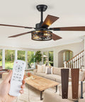 48 Inch Farmhouse Ceiling Fan With Remote And Light Vintage Caged Design Walnut Blades in modern living room setting.