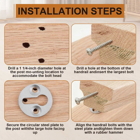 Installation steps for Solid Two Pack Six Foot Red Oak Handrails For Stairs including drilling and securing techniques.