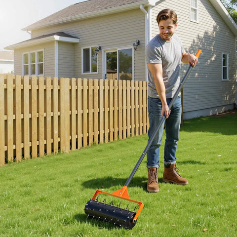 Man using Rolling Lawn Aerator With 15 Inch Drum 42 Steel Spikes And 60 Inch Long Handle Fillable Weight Drum For Added Penetration