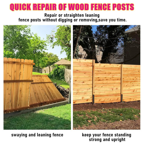 Before and after using Heavy Duty Steel Fence Post Repair Kit With Double Ground Spikes And Post Anchors For Damaged Fence Gates Sign Posts Or Mailboxes Durable Triangular Stakes To Restore Wood Fences 2 Pack