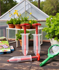 Six Pack Mini Seed Spreaders With Dibber Handheld Seed Planter Tools for Precise Garden Planting in pots near greenhouse and plants