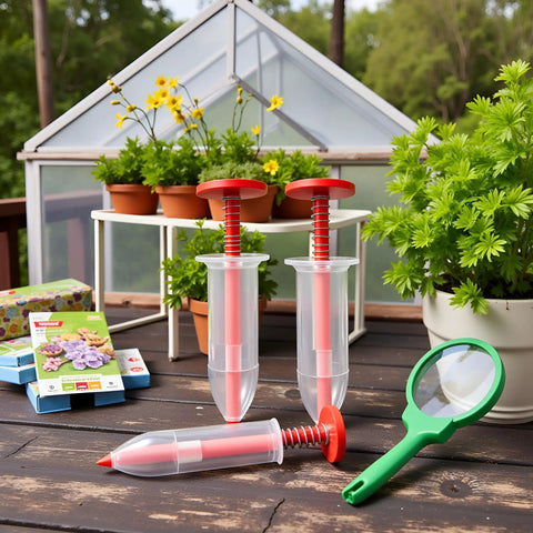 Six Pack Mini Seed Spreaders With Dibber Handheld Seed Planter Tools for Precise Garden Planting in pots near greenhouse and plants