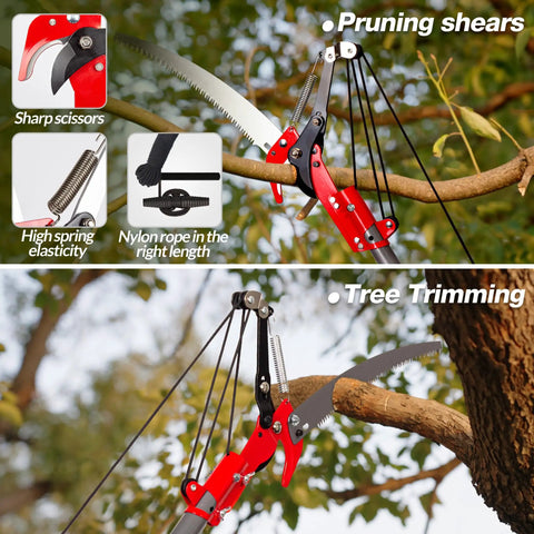 10 Ft Pole Saw For Tree Trimming With Steel Blade And Pruning Scissors Two In One Pro Grade Heavy Duty Manual Limb Cutter in use