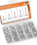 Number 2 To 3/4 Inch Stainless Steel Wood Screws Set 304 Stainless Phillips Pan Head Self Tapping 250 Pieces Assortment Kit For DIY Woodworking Decking Furniture And General Repairs in open case with 5 sizes displayed.