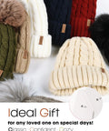 Cozy Winter Beanie Knit Hat for Women, fleece-lined, faux fur pom poms, multicolor options, arranged for display
