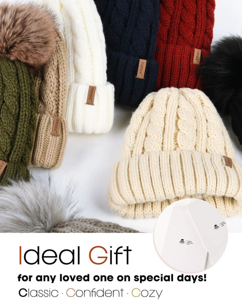 Cozy Winter Beanie Knit Hat for Women, fleece-lined, faux fur pom poms, multicolor options, arranged for display