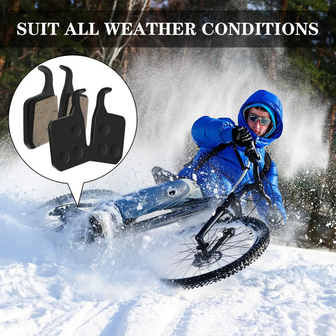Mountain biker in snow with inset of 4 Pairs Bike Brake Pads Kit For Disc Brakes Replacement With Resin And Semi Metallic Material Quiet Wear Resistant And Low Noise Braking Convenient Set For Quick Swap Compatible With Magura MT5 MT7.