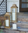 Outdoor Moving Flame Pillar Candle With Remote Included, IPX4 weatherproof LED battery operated lights, ivory 6 by 6 inches on wooden steps