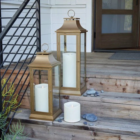 Outdoor Moving Flame Pillar Candle With Remote Included, IPX4 weatherproof LED battery operated lights, ivory 6 by 6 inches on wooden steps