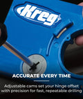 Kreg Concealed Hinge Jig for 35mm Cup Holes, adjustable cabinet door installation tool demonstrating precise drilling.
