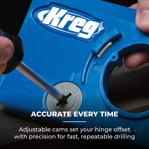 Kreg Concealed Hinge Jig for 35mm Cup Holes, adjustable cabinet door installation tool demonstrating precise drilling.