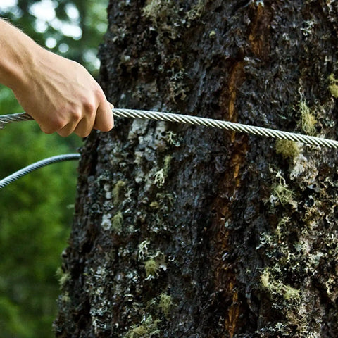 Hand holding Beefy Five Millimeter Galvanized Zip Line Cable For Backyard Fun Heavy Duty 131 Feet Wire Rope with tree in background