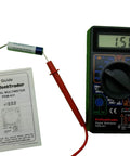 7 Function Digital Multimeter for DIYers and Pros showing 1.58 reading with user guide, probe, and battery, PDM-631 model.