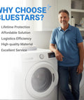 Man standing beside washer promoting BlueStars with text on benefits like lifetime protection and high-quality material.