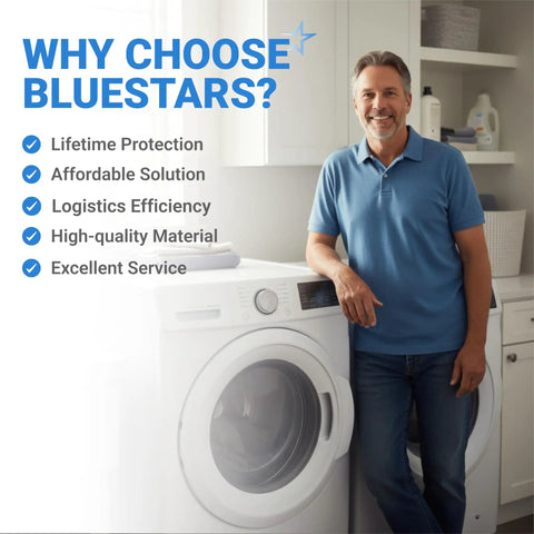 Man standing beside washer promoting BlueStars with text on benefits like lifetime protection and high-quality material.