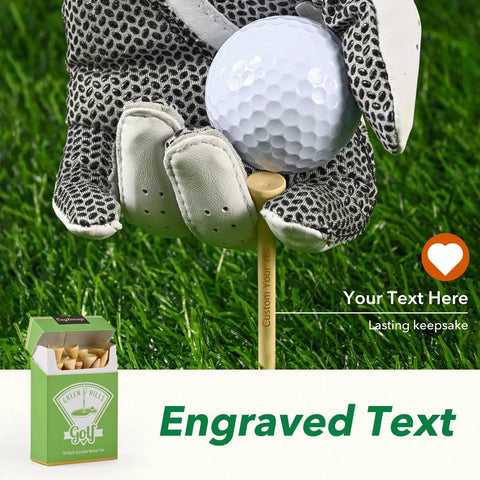 Golf glove holding ball on tee from Custom Golf Tees Bulk Pack With Your Name Or Logo In A Pouch, Two And Three Quarters Inch Hardwood Tees For Gifts Parties And Favors, Personalize Text And Design For A Standout Round.
