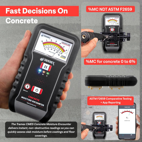 Concrete Moisture Encounter CME5 Meter For Quick Non Destructive No Guesswork Reading Of Moisture Content In Concrete Floors Slabs And Screeds ASTM F2659 Compliant Accurate Gravimetric Baseline Testing, handheld meter