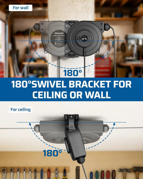 30 Foot Retractable Extension Cord Reel With 16/3C SJTOW Cable Wall Mount Power Reel For Home Garage Or Workshop Easy Install Smooth Auto Rewind Tangle Free Cable Management, 180° swivel mount