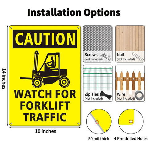 Two Pack Forklift Traffic Safety Signs 10 x 14 Inches Reflective Aluminum Rust Free Waterproof Easy To Install Watch For Forklift Signage For Workplace Safety with installation options shown.