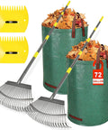 2 Pack 18 Inch Wide Heavy Duty Garden Rake Set For Leaves With 73 Inch Adjustable Handles And 25 Tines Includes 72 Gallon Leaf Bags And Scoops