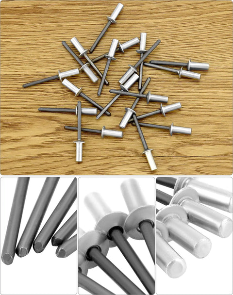 Tough As Nails Heavy Duty Closed End Aluminum Blind Rivets 500 Piece Pack 3/16 X 1/2 With Steel Mandrel, top view on wood.