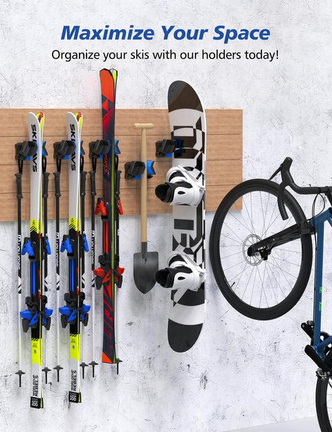 Durable Ski Wall Rack with Nonslip Rubber Grips Stores Winter Gear Safely in Garage or Shop holding skis and snowboard securely on wall.