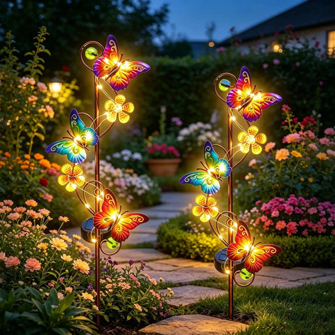 Solar Butterfly Garden Lights 2 Pack Outdoor Stake Decor With Waterproof Metal Butterflies And Flowers, LED String Lights
