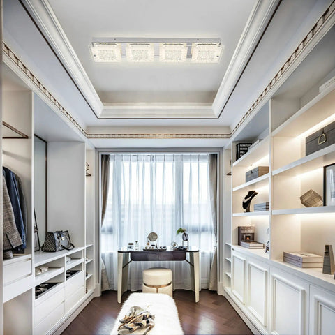 Rectangular Flush Mount LED Ceiling Light Fixture 24 Inch Long Crystal Dimmable installed in stylish room, bright 2640 lumens.