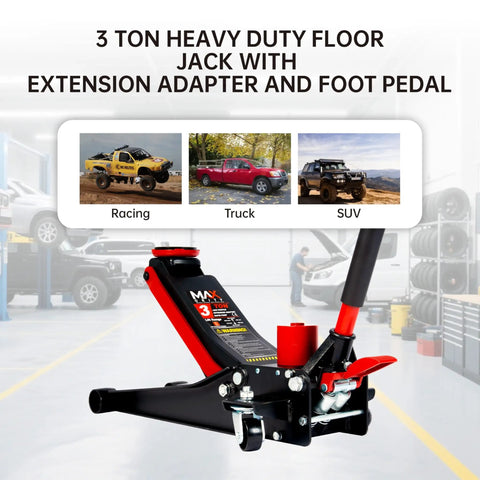 3 Ton Low Profile Floor Jack With Dual Pistons, Heavy Duty Steel Construction, Quick Lift Hydraulic Pump, Foot Pedal And Extension Adapter For Easy Tire Changes, Brakes, And Maintenance On Off Road Cars And Light Trucks
