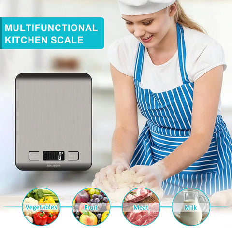 Pro Grade Kitchen Scale For Precision Cooking And Meal Prep With Stainless Steel Body And Clear LCD Display Tare Function shown with woman baking