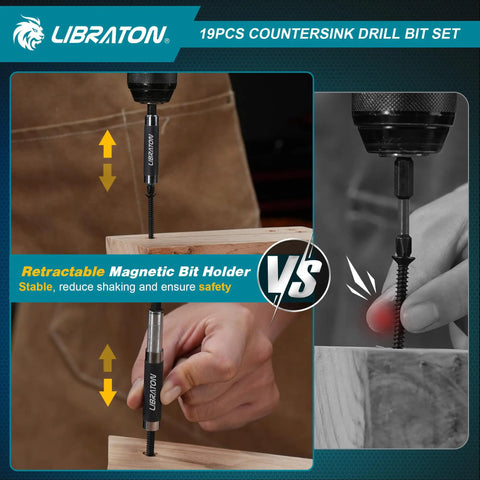 Countersink Drill Bit Set For Woodworking, 19 Piece Set With Tapered Bits, shown with extendable magnetic bit holder by Libraton