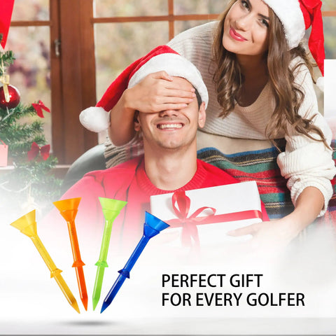 Ultra Durable Three And One Quarter Inch Plastic Golf Tees Forty Pack With Big Cup Design For Max Stability Reduced Friction And Side Spin In Orange And Blue shown as perfect gift for golfers
