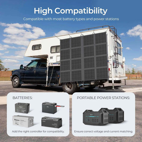400W Portable Solar Blanket With 16-Fold Design attached to RV, showcasing compatibility with batteries and power stations.