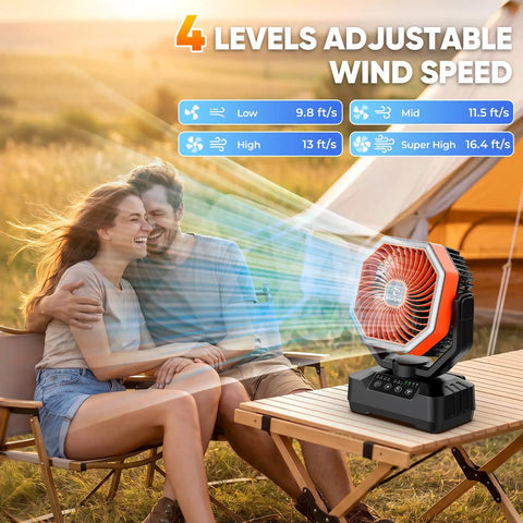 Couple enjoying breeze from 20,000mAh Camping Fan With 70-Hour Runtime, Portable USB Power Bank, tent in background