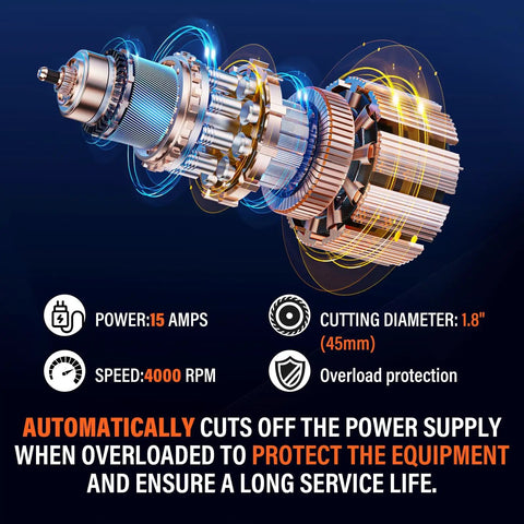 Diagram of 15-amp motor features for Powerful 15-Amp Wood Chipper Shredder With 50L Collection Bin Mulches Up To 1.8-Inch Branches