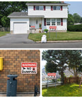 No Nonsense Heavy Duty No Dumping Signs 2 Pack on lawns and fences, 10X7 reflective aluminum for private property protection.