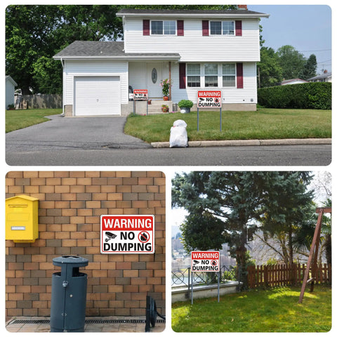 No Nonsense Heavy Duty No Dumping Signs 2 Pack on lawns and fences, 10X7 reflective aluminum for private property protection.