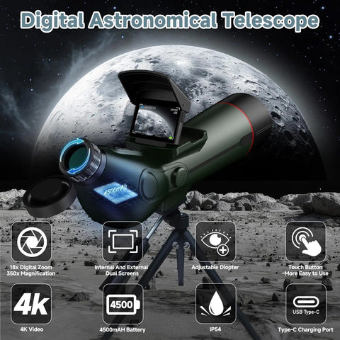 Portable Digital Refractor Telescope With Auto Focus And 4K Astrophotography Camera Internal And External Dual Screen Spotter