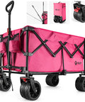 Pink All Terrain Folding Wagon Cart With Big Wheels Heavy Duty Collapsible Utility Cart 225 Lb Capacity 2 Cup Holders And Brake