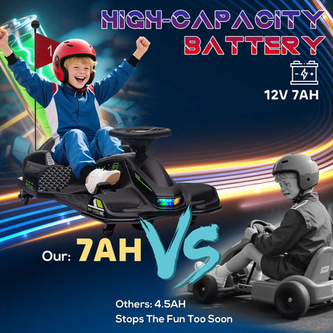 Child riding 12V Electric Kids Go Kart Drift Car With Slow Start Music And Colorful Lights Outdoor Ride On Toy For Ages 8 To 12 Two Speed 1.9 To 5 MPH Safe Easy Setup Black