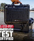 Titan Series Waterproof Utility Case With Diced Foam Insert showing immersion test certification in water.