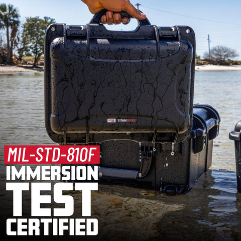 Titan Series Waterproof Utility Case With Diced Foam Insert showing immersion test certification in water.