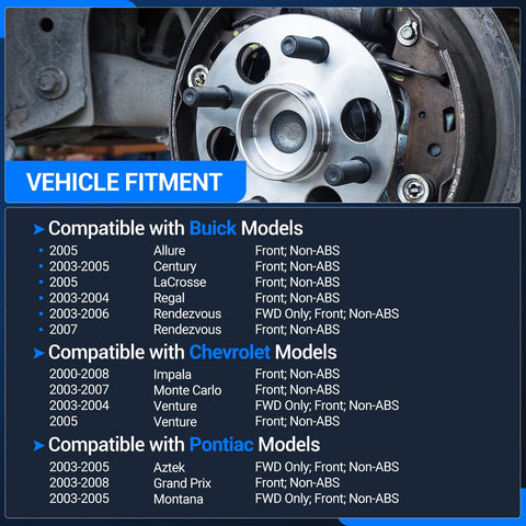 Wheel Hub And Bearing Assembly Replacement For 2000 To 2008 Chevrolet Impala 2003 To 2007 Buick Regal And 2003 To 2008 Pontiac Grand Prix With Five Lugs Non ABS Beefed Up For A Smooth Sturdy Ride And Long Lasting Performance installed view