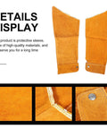 Pro Level Heavy Duty Cowhide Leather Arm Sleeves Heat Resistant Double Layer Welding Oversleeves Yellow Guard detail view and stitching.